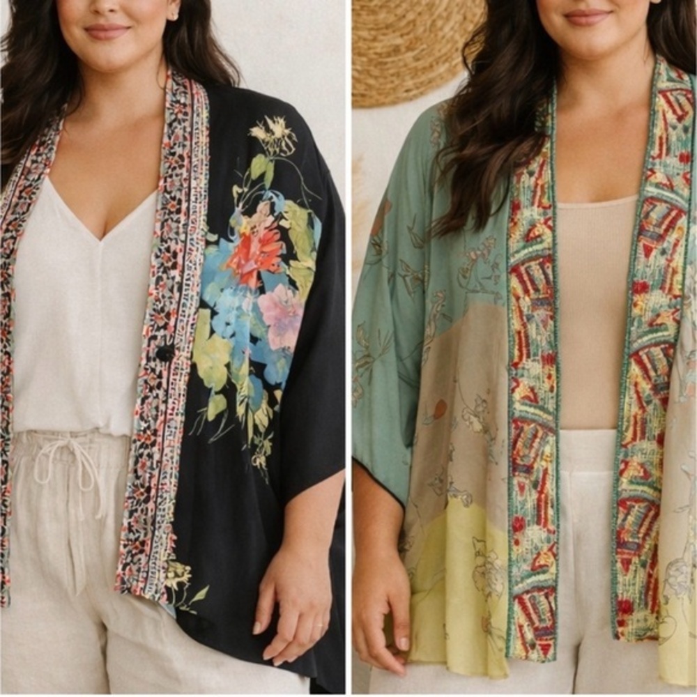 Johnny Was Black Floral & Sage Patchwork Kimono Cardigan